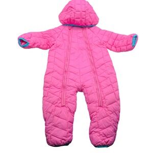EUC Snozu Baby Pink Quilted Snowsuit Bunting Hooded Zip Cozy Sherpa Lined9-12 Mo